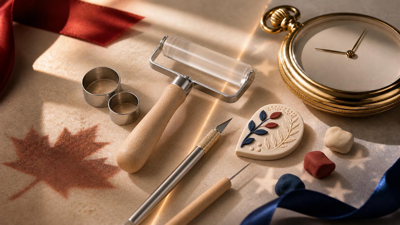 Handmade polymer clay tools and a maple leaf, with a pocket watch counting down