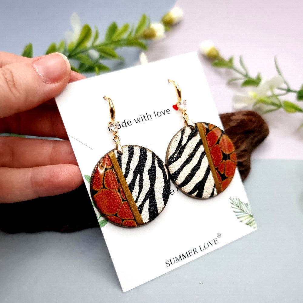 Round Earrings, Zebra with Red Accent