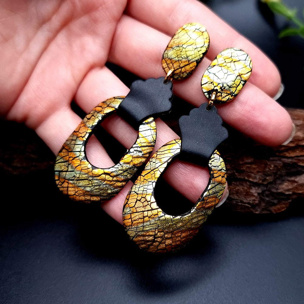 Gold Crackle Hoop polymer clay earrings in gold and black by SweetyBijou