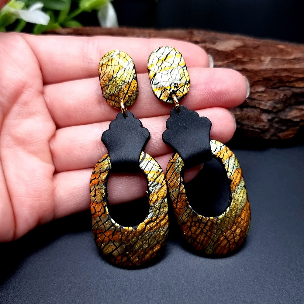 Gold Crackle Hoop polymer clay earrings in gold and black by SweetyBijou