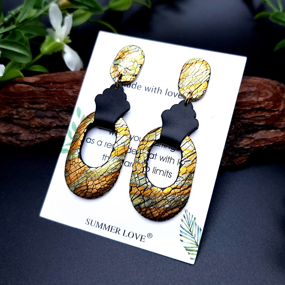 Gold Crackle Hoop polymer clay earrings in gold and black by SweetyBijou