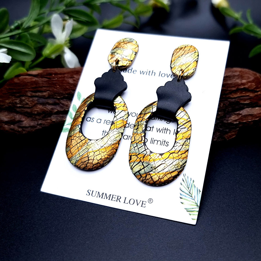 Gold Crackle Hoop polymer clay earrings in gold and black by SweetyBijou