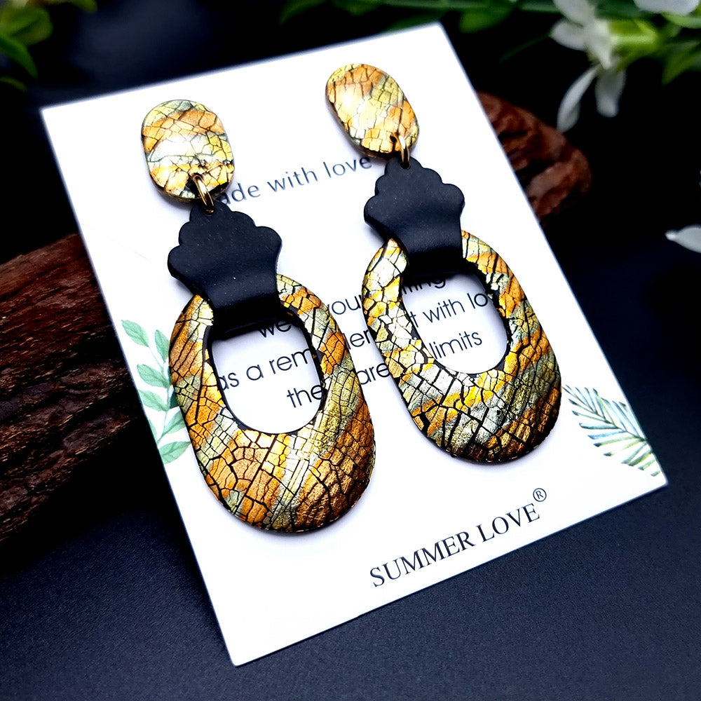Gold Crackle Hoop polymer clay earrings in gold and black by SweetyBijou