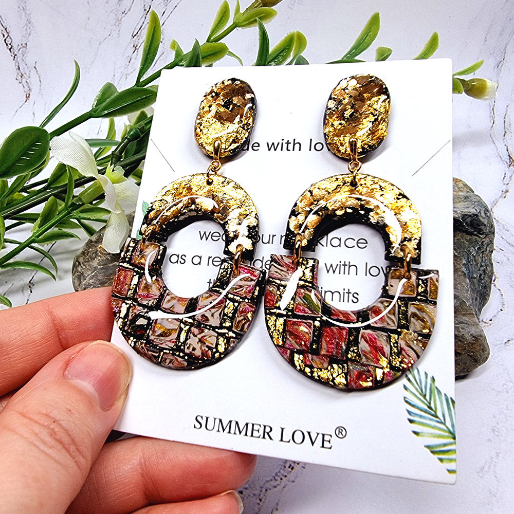 Gold Mosaic Hoop polymer clay earrings in gold, red and brown by SweetyBijou