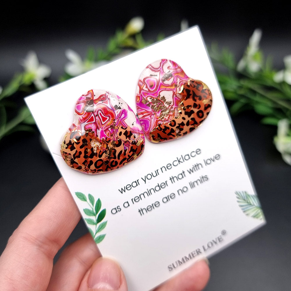 Leopard Hearts Stud polymer clay earrings in pink and leopard print by SweetyBijou