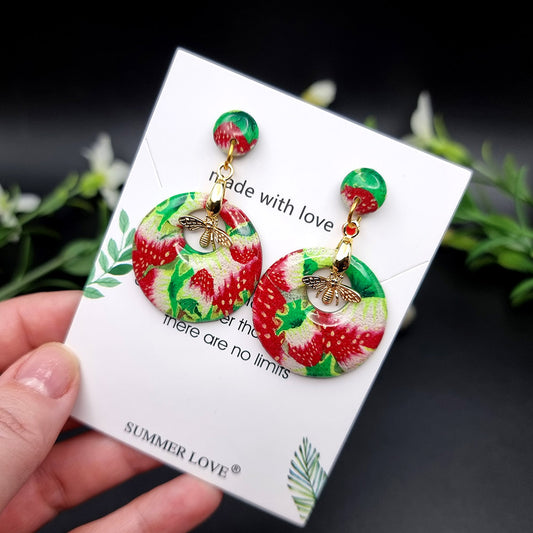 Round Strawberry Earrings Studs with Bees