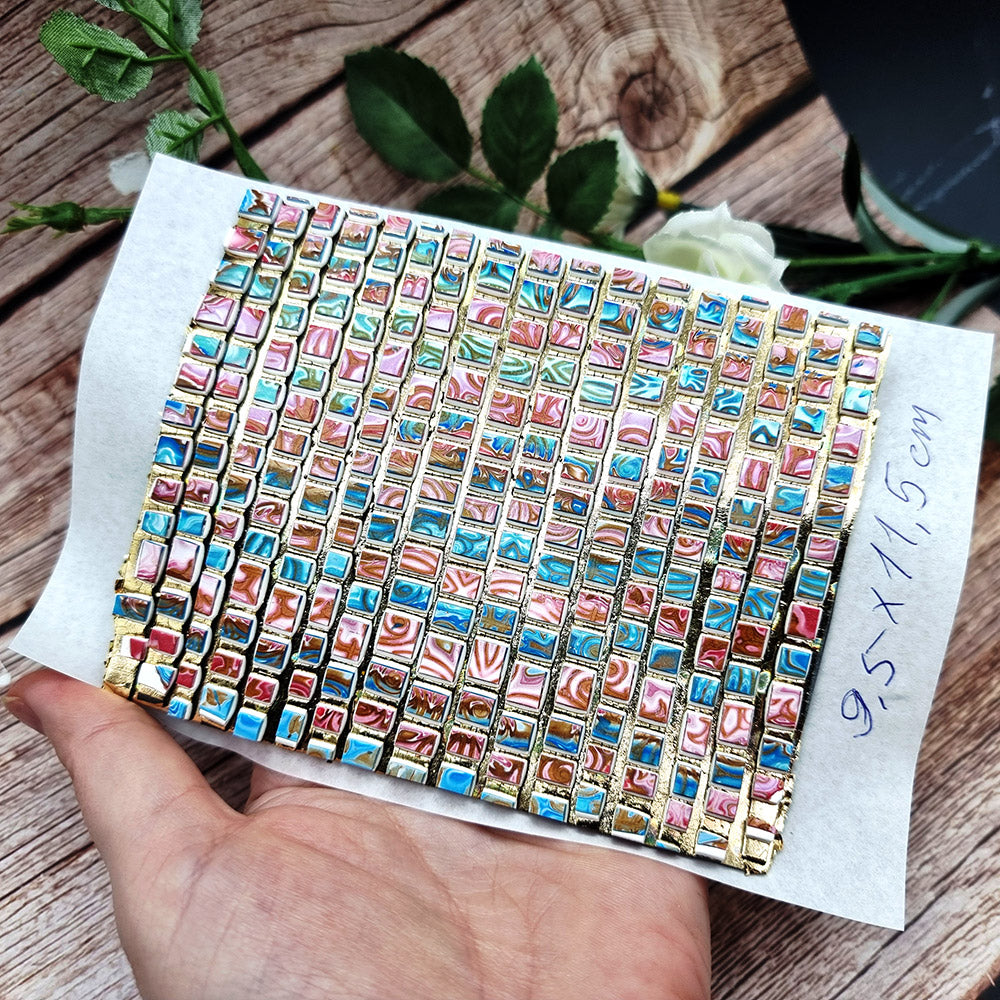 Raw polymer clay veneer sheet, Blue and Pink Mosaic