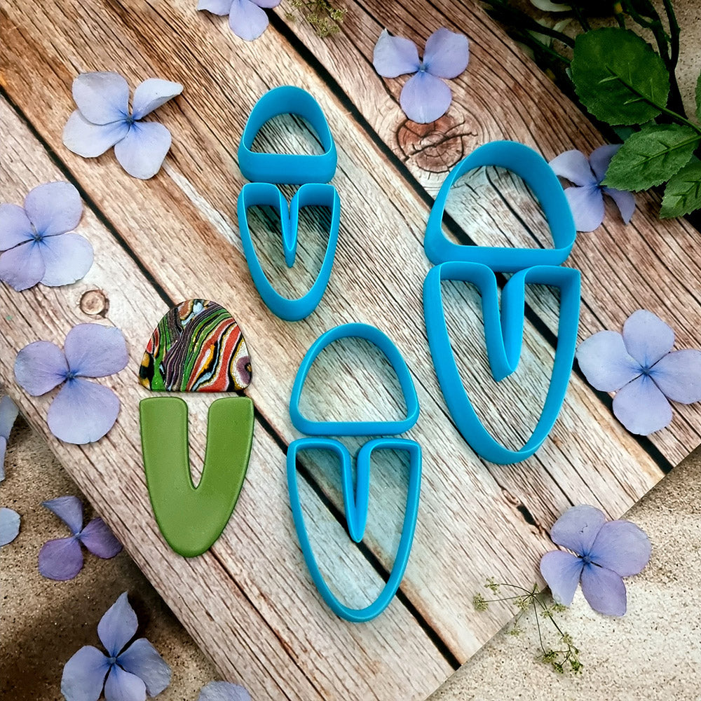 Blue PLA U-shape polymer clay cutter set in three sizes, arch cap and U piece, with finished two-tone clay earring components by SweetyBijou