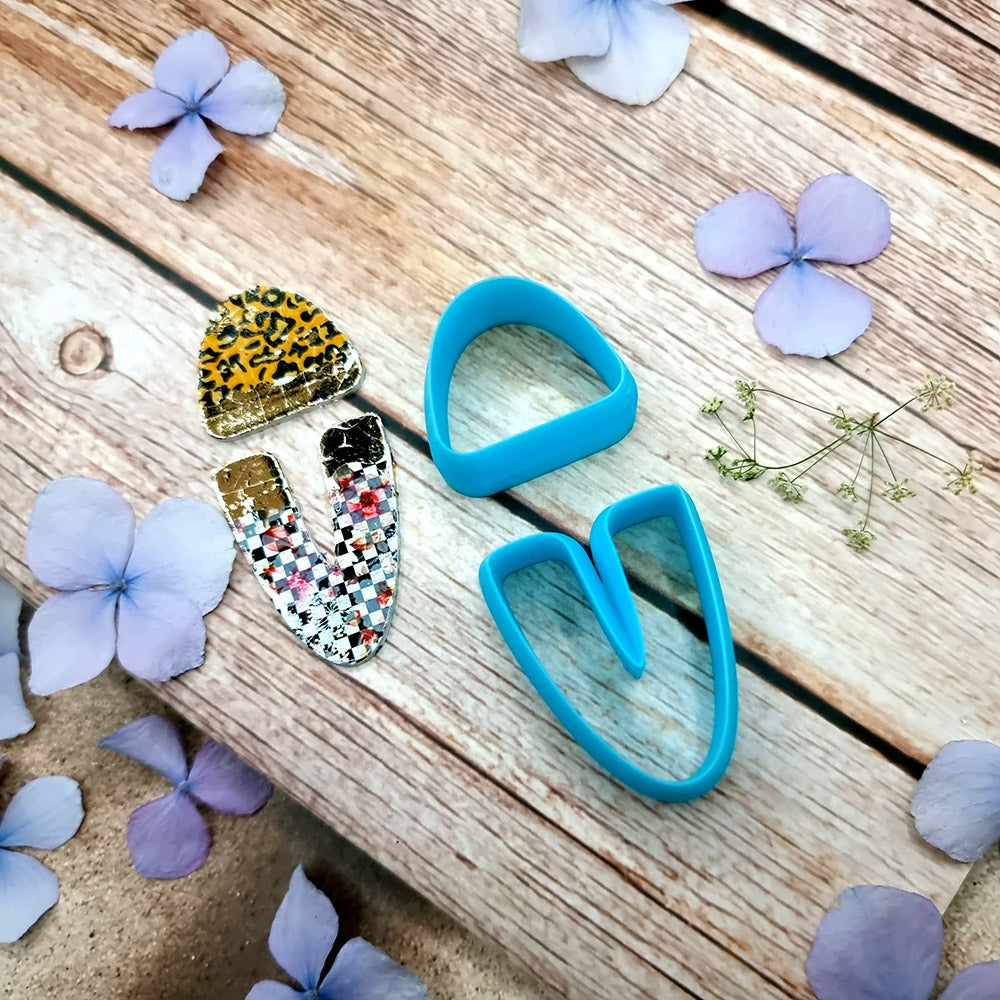 Blue PLA U-shape polymer clay cutter set in three sizes, arch cap and U piece, with finished two-tone clay earring components by SweetyBijou