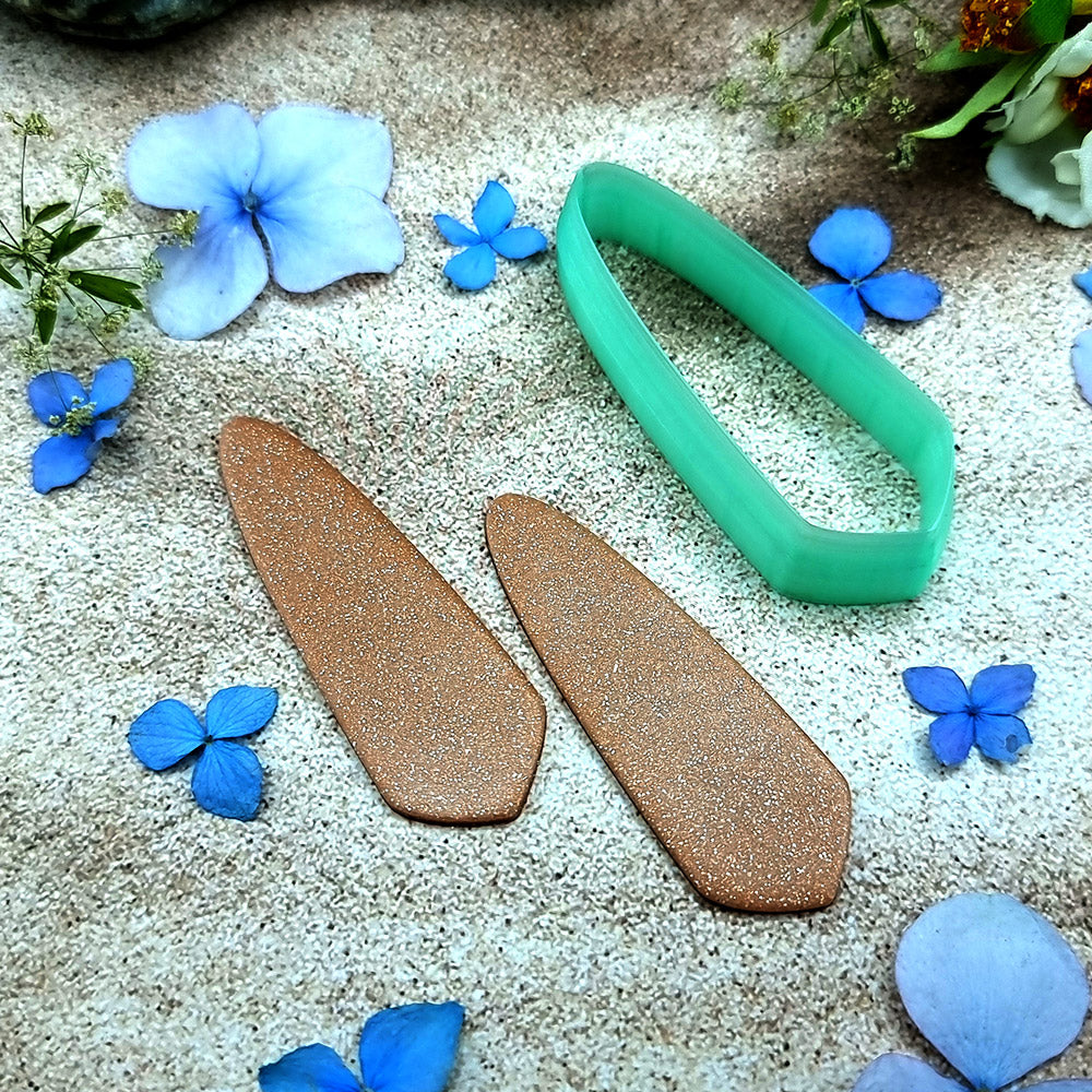 Green PLA angled dagger polymer clay cutter with a slanted base and terracotta clay blade earring pieces by SweetyBijou
