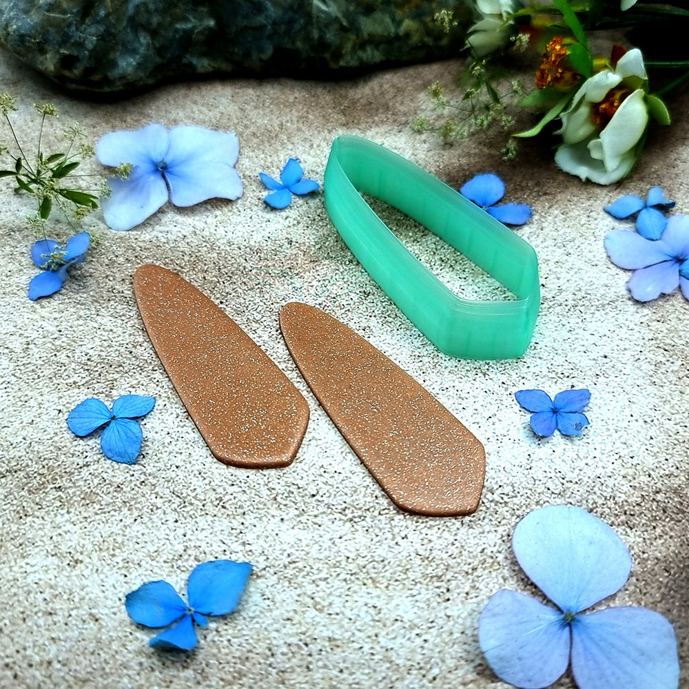 Green PLA angled dagger polymer clay cutter with a slanted base and terracotta clay blade earring pieces by SweetyBijou