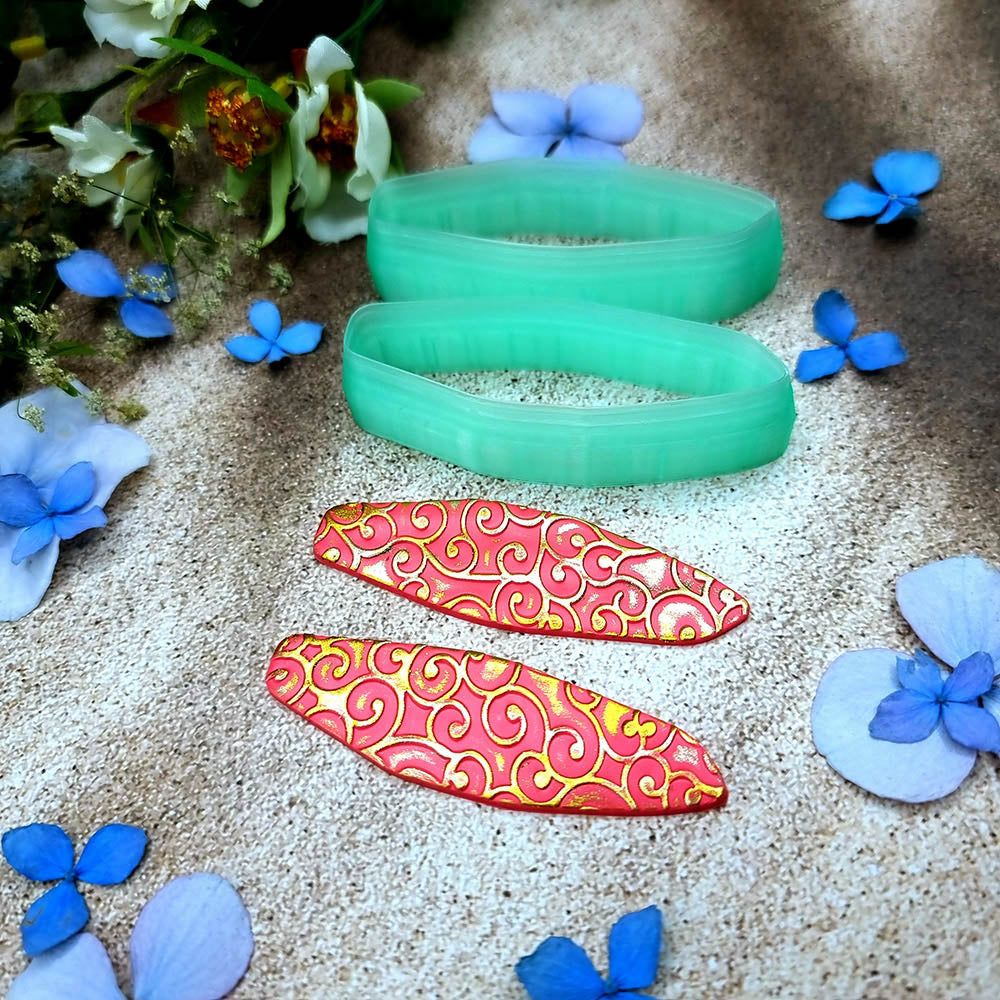 Pair of mirrored green PLA faceted marquise polymer clay cutters, a left and a right cutter, for long statement earrings by SweetyBijou