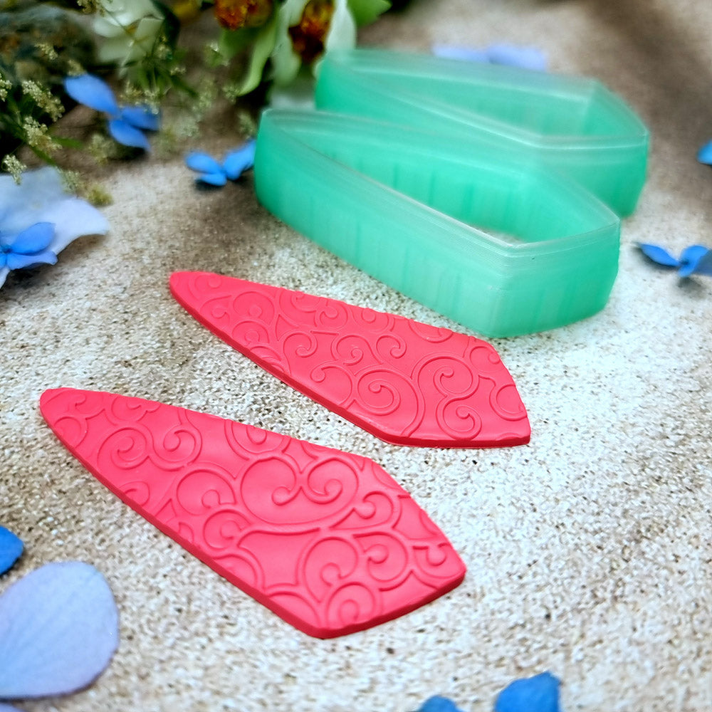 Pair of mirrored green PLA long kite polymer clay cutters, a left and a right cutter, for long statement earrings by SweetyBijou