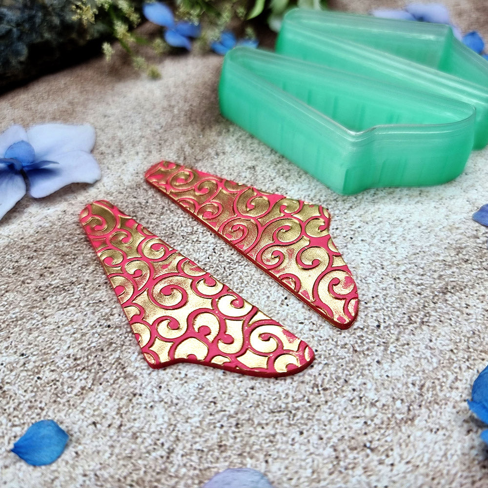 Pair of mirrored green PLA swoosh wing polymer clay cutters, a left and a right cutter, for long statement earrings by SweetyBijou