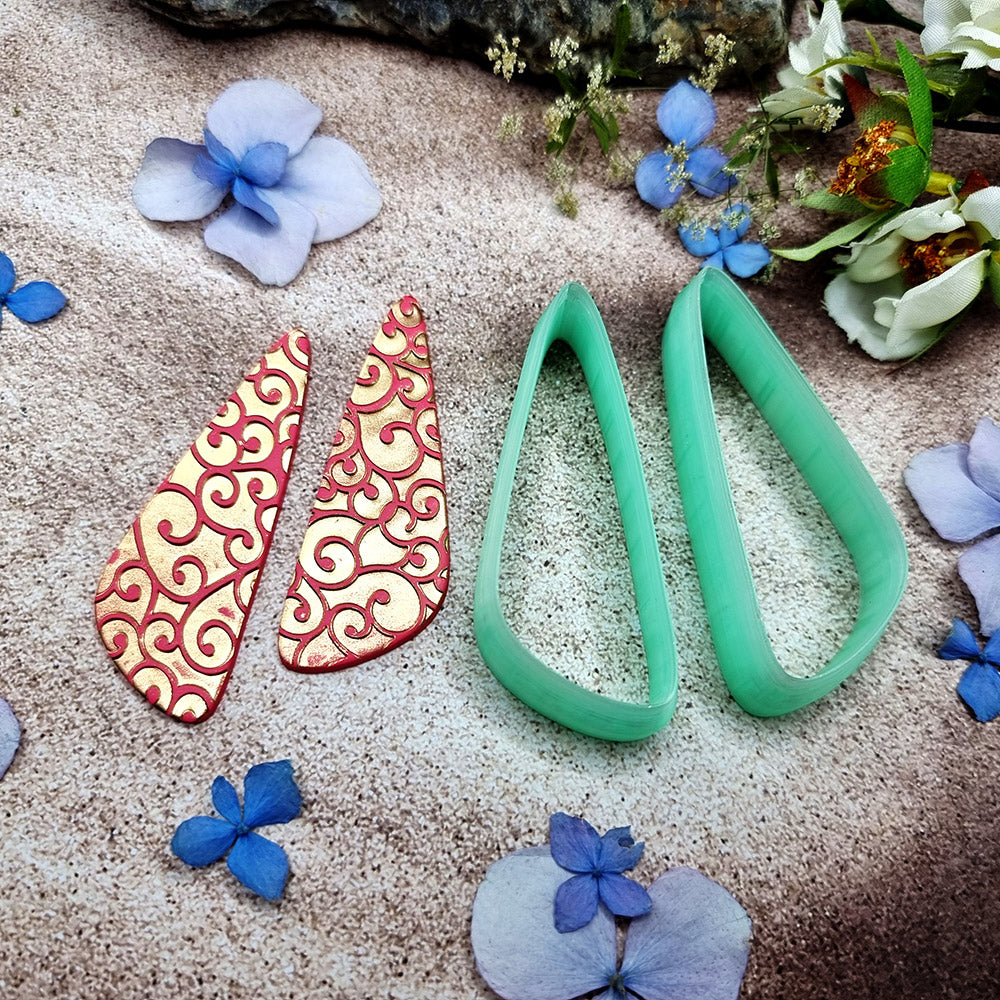 Pair of mirrored green PLA tilted teardrop polymer clay cutters, a left and a right cutter, for long statement earrings by SweetyBijou