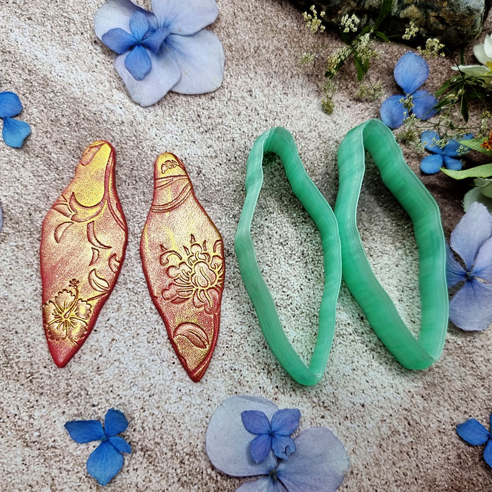 Pair of mirrored green PLA wavy marquise polymer clay cutters, a left and a right cutter, for long statement earrings by SweetyBijou
