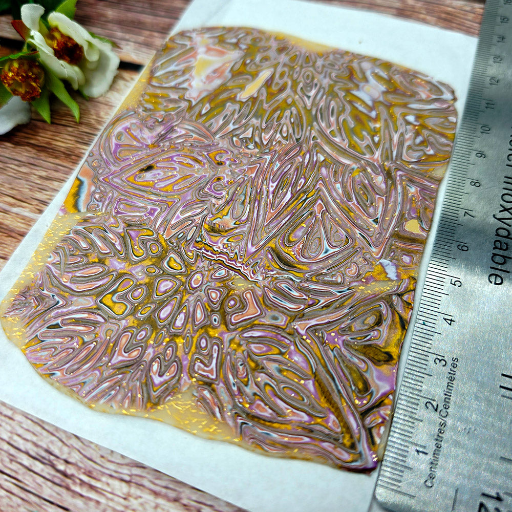 Raw polymer clay veneer sheet, Golden Orchid Mandala Mokume Gane