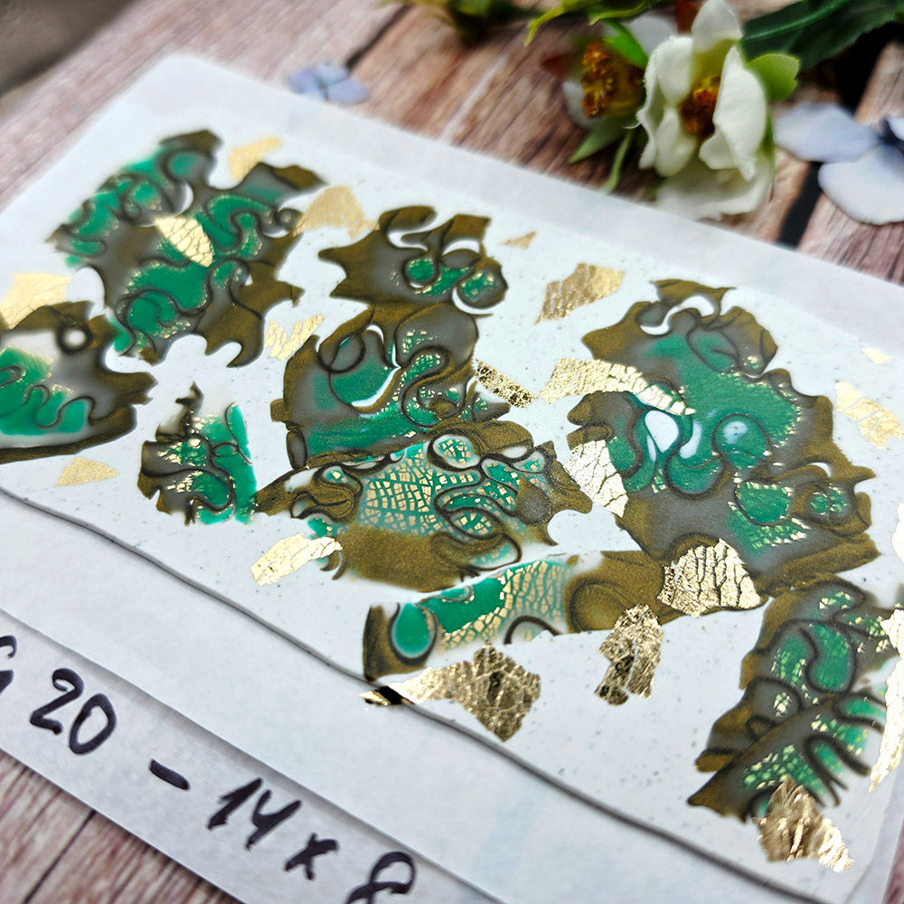 Raw polymer clay veneer sheet, Emerald Lace Mokume Gane