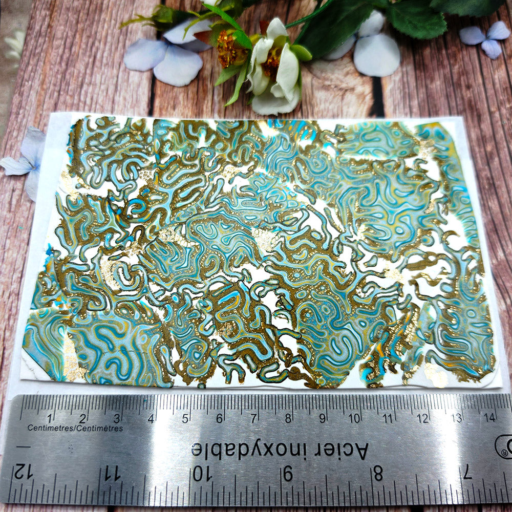 Raw polymer clay veneer sheet, Aqua Gold Labyrinth