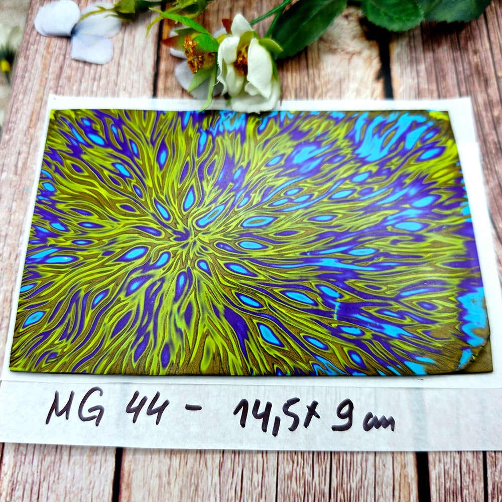 Raw polymer clay veneer sheet, Electric Peacock