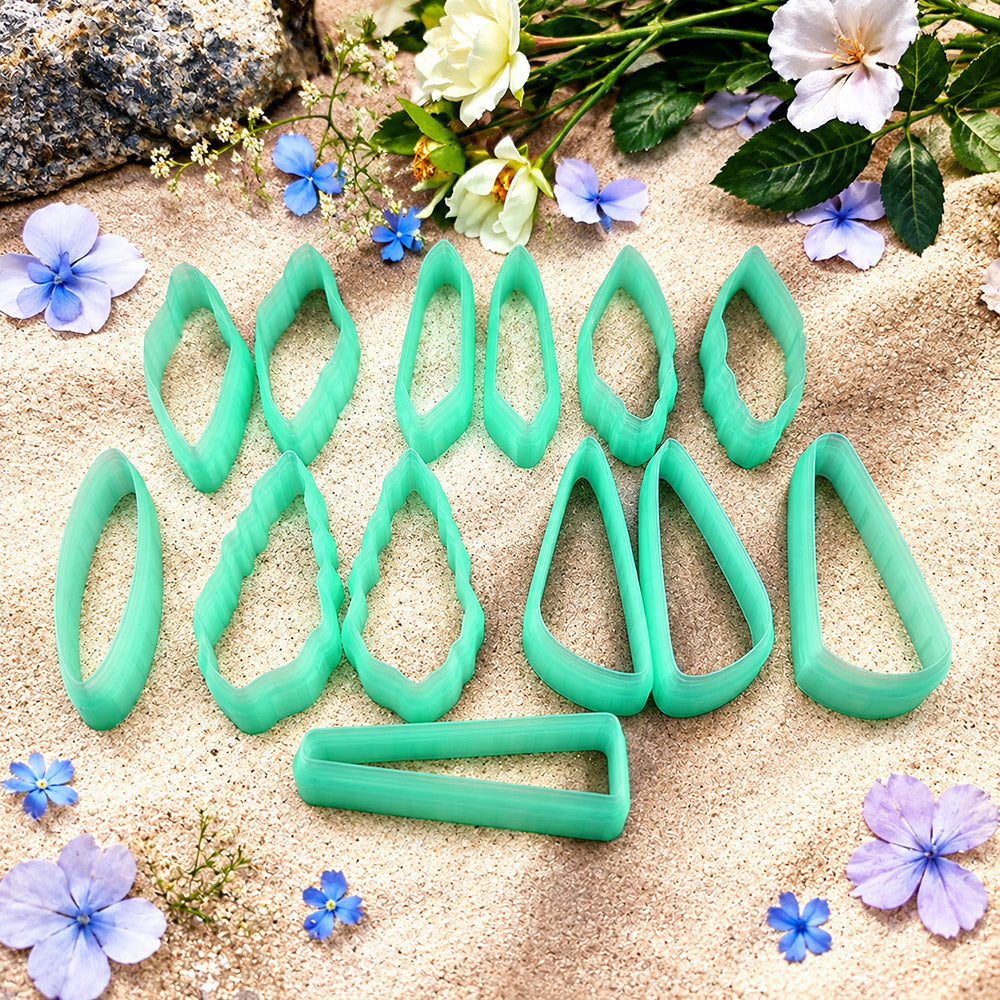 Bundle of green PLA long polymer clay cutters in leaf, teardrop, kite and bar shapes, all 6 cm long, for statement earrings by SweetyBijou