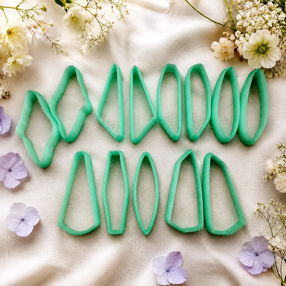 Bundle of green PLA long polymer clay cutters in slim marquise, oval and wedge shapes, all 6 cm long, for statement earrings by SweetyBijou