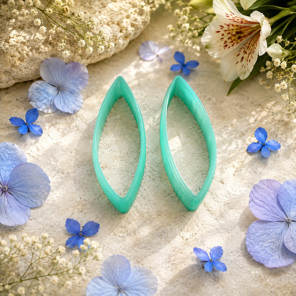 Pair of mirrored green PLA curved leaf polymer clay cutters, a left and a right cutter, for long statement earrings by SweetyBijou