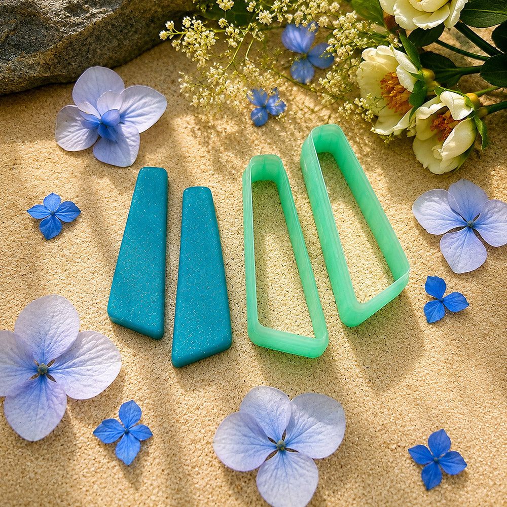 Pair of mirrored green PLA slanted bar polymer clay cutters, a left and a right cutter, for long statement earrings by SweetyBijou