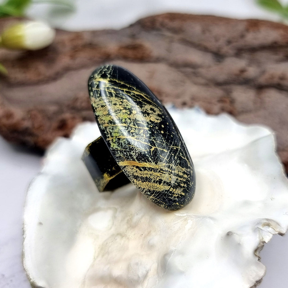 Stylish Oval Polymer Clay Gold & Black Ring Ring SweetyBijou Jewelry