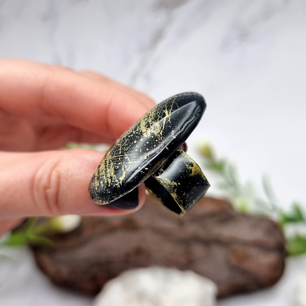 Stylish Oval Polymer Clay Gold & Black Ring Ring SweetyBijou Jewelry