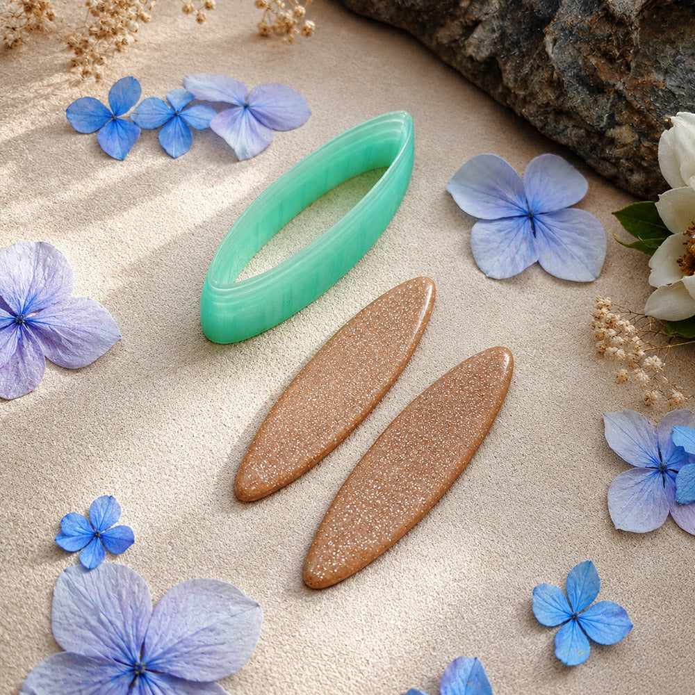 Green PLA slim marquise polymer clay cutter pointed at both ends with terracotta clay marquise earring pieces by SweetyBijou