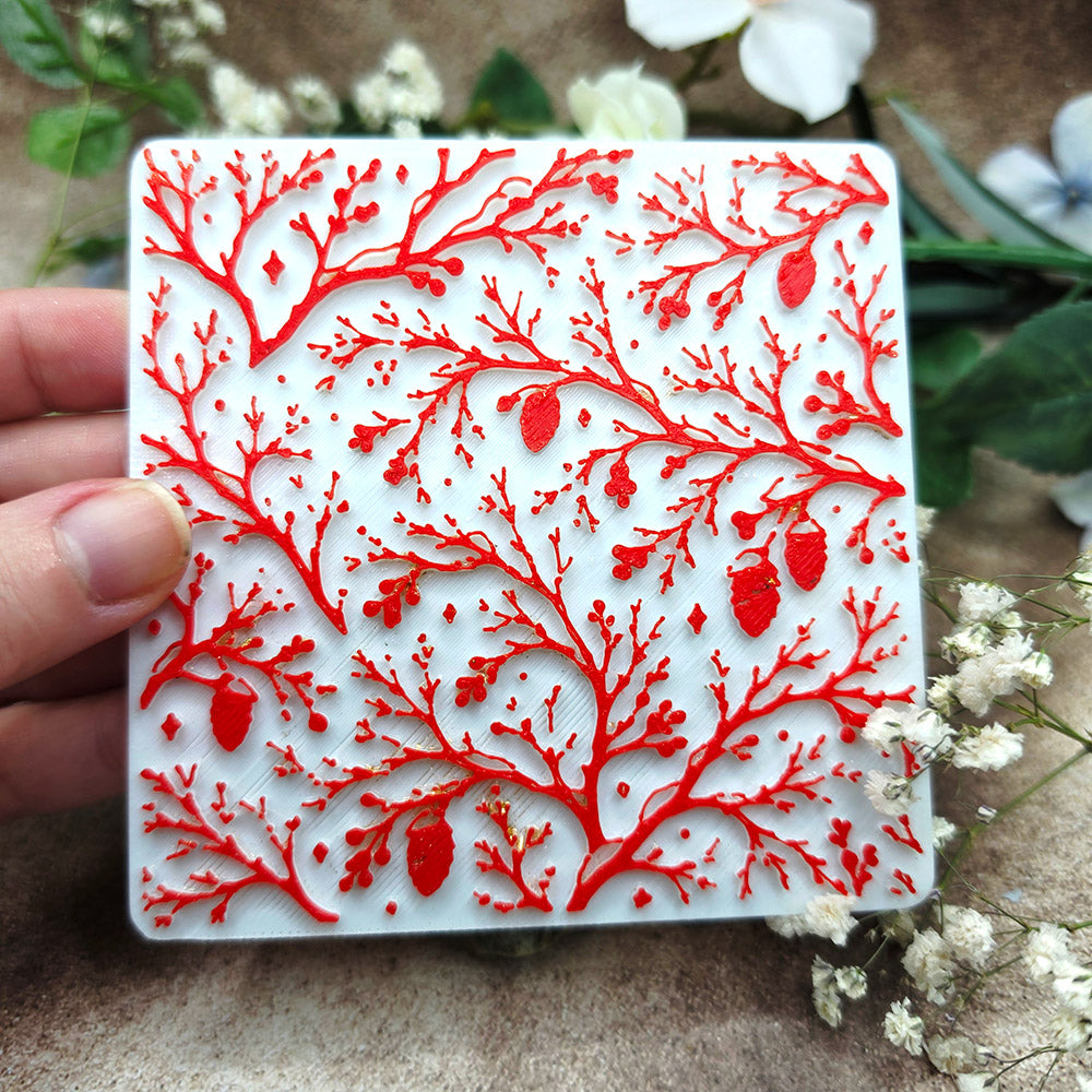 Bare Winter Branches plastic Christmas texture plate for polymer clay, 10x10 cm