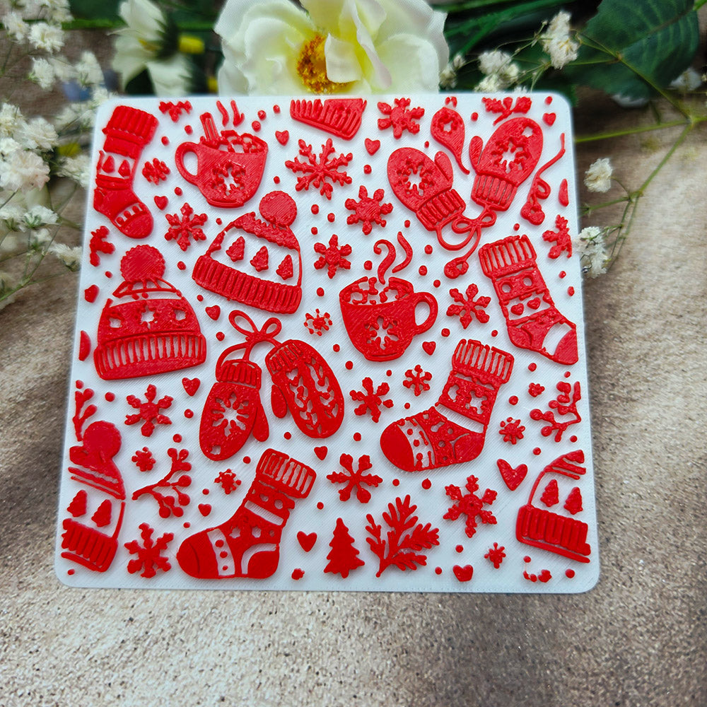 Cozy Winter plastic Christmas texture plate for polymer clay, 10x10 cm