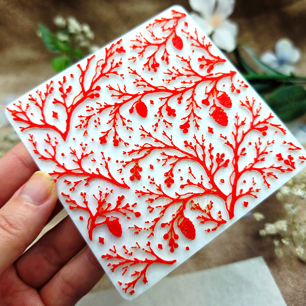 Bare Winter Branches plastic Christmas texture plate for polymer clay, 10x10 cm