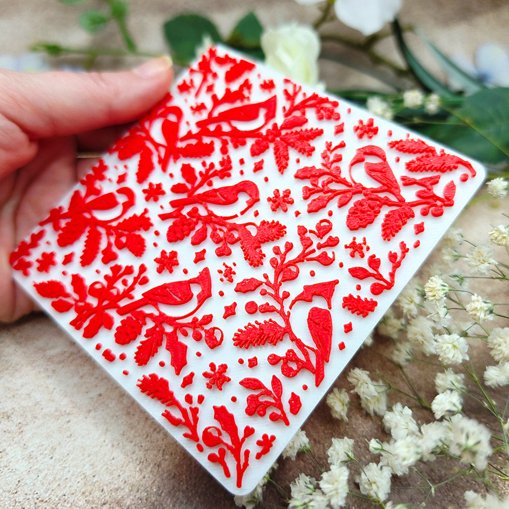 Winter Birds plastic Christmas texture plate for polymer clay, 10x10 cm
