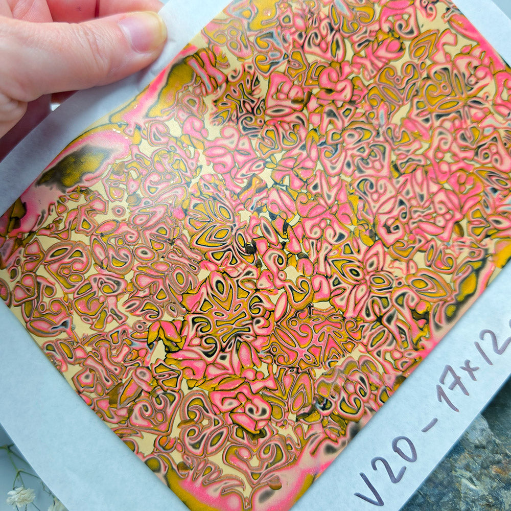 Raw polymer clay veneer sheet, Pink Floral Mosaic
