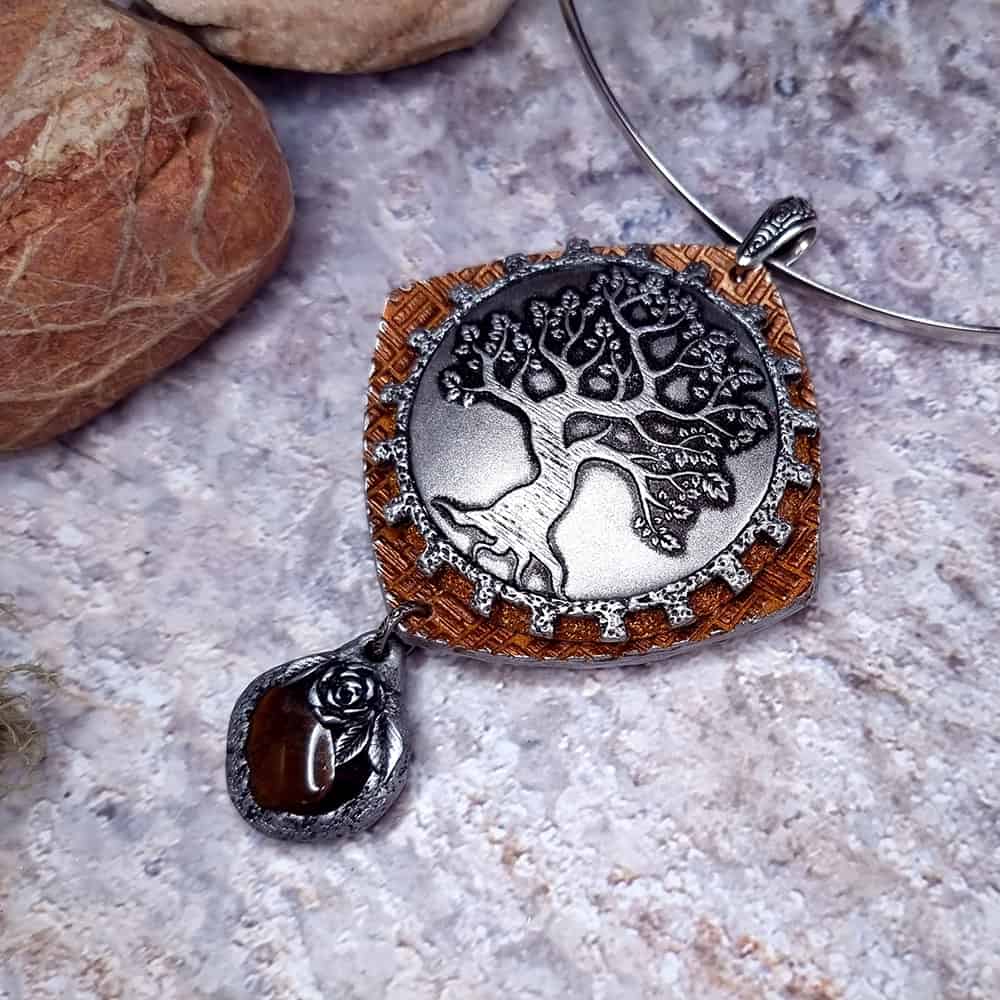 Tree polymer clay pendant in silver and copper by SweetyBijou