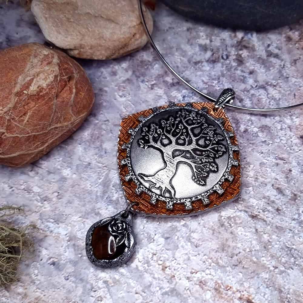 Tree polymer clay pendant in silver and copper by SweetyBijou
