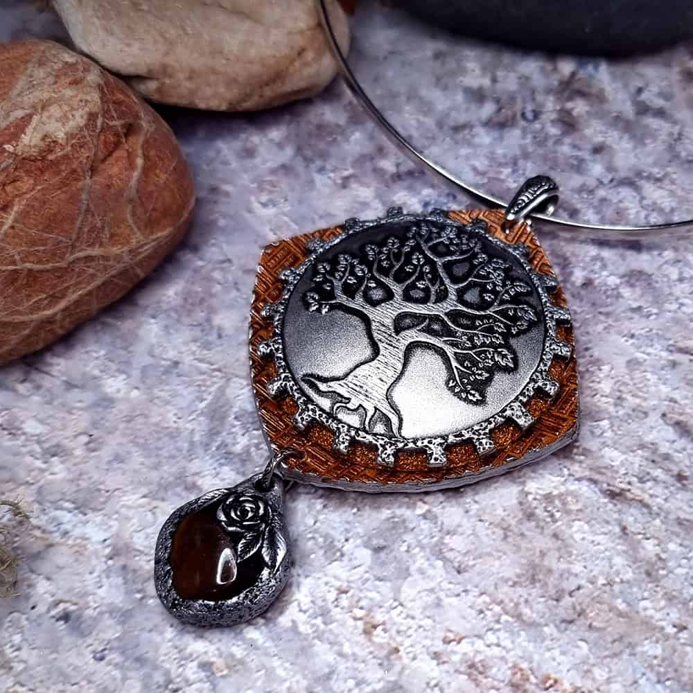Tree polymer clay pendant in silver and copper by SweetyBijou