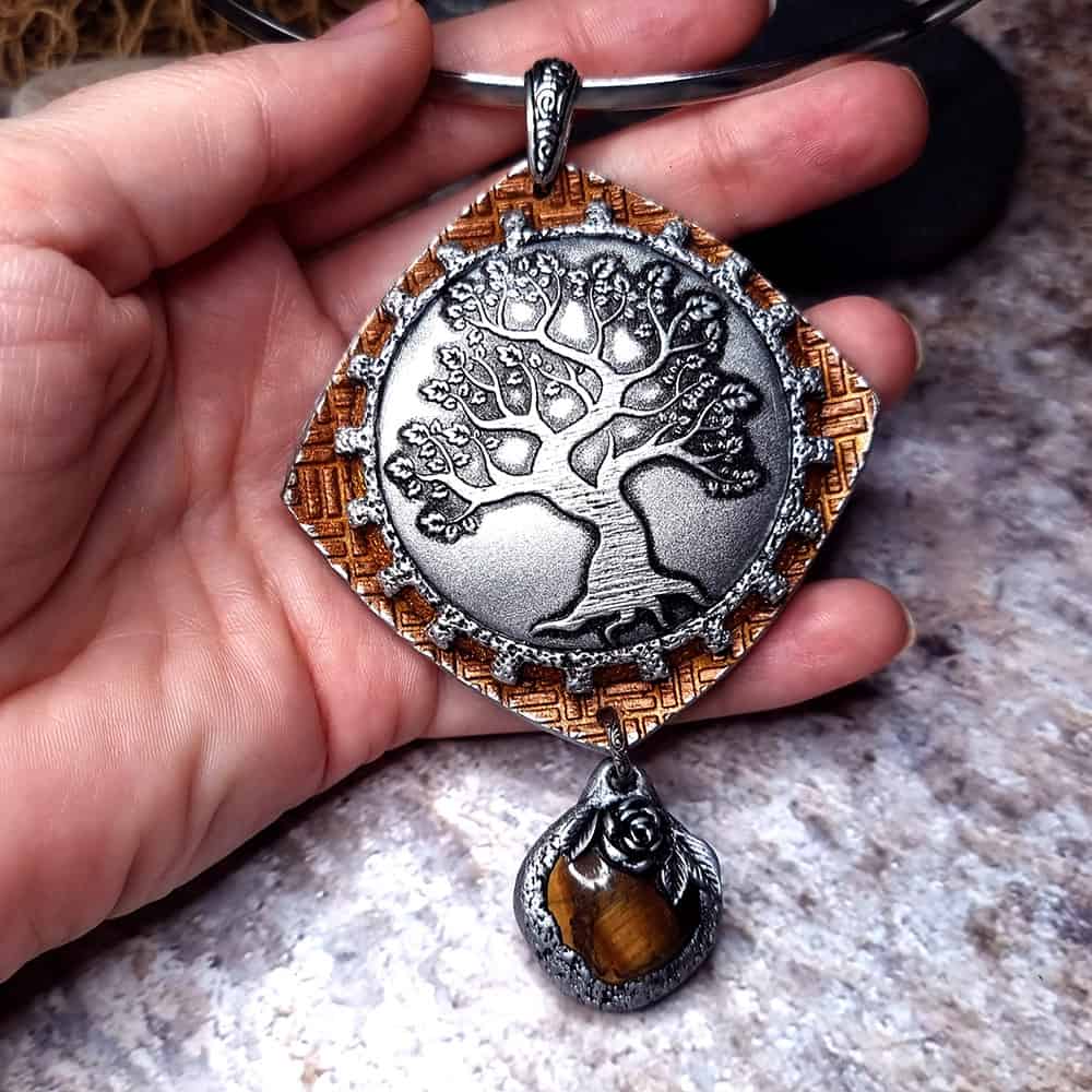 Tree polymer clay pendant in silver and copper by SweetyBijou