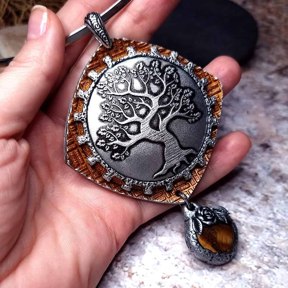 Tree polymer clay pendant in silver and copper by SweetyBijou