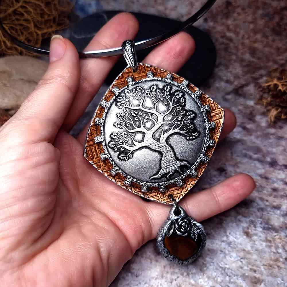 Tree polymer clay pendant in silver and copper by SweetyBijou