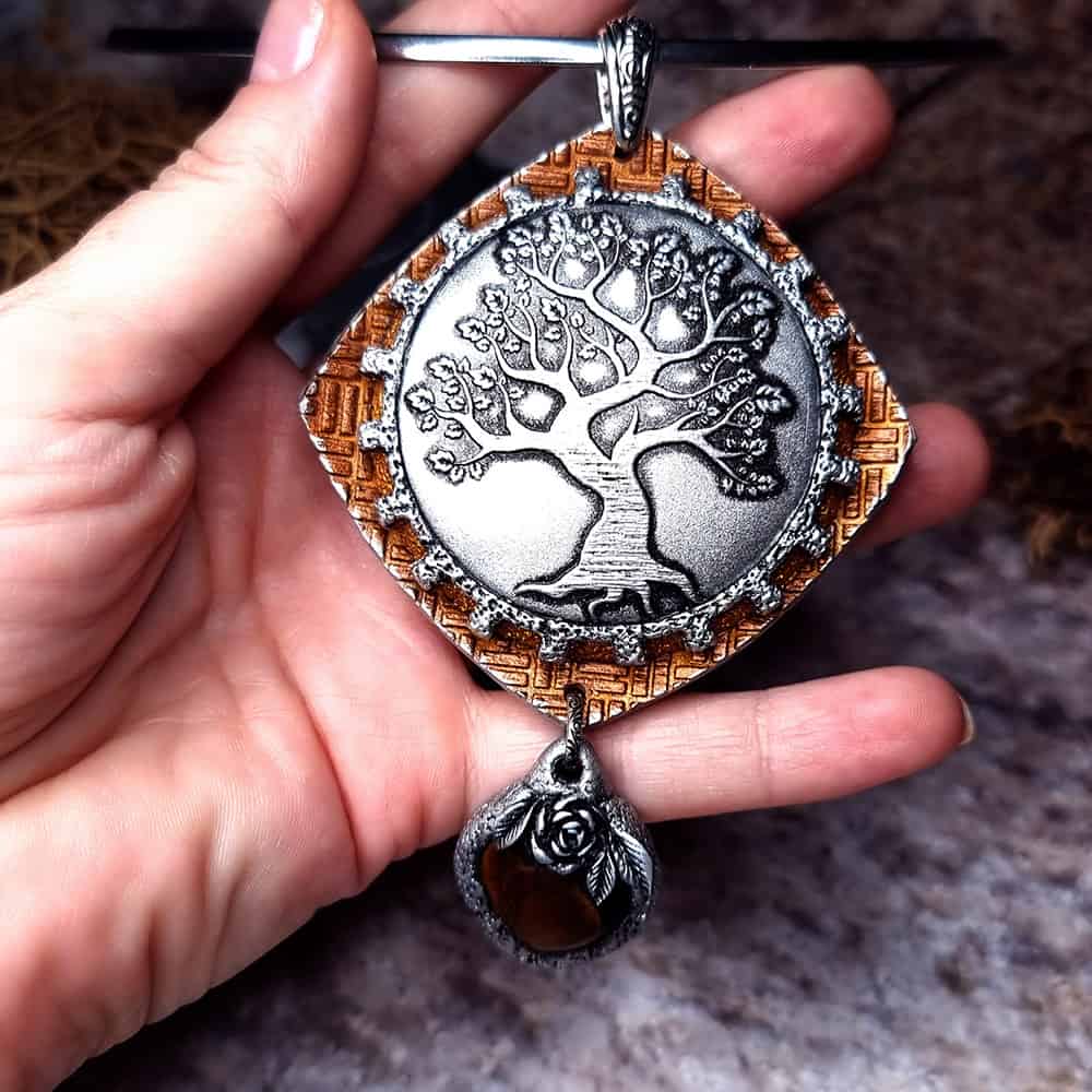 Tree polymer clay pendant in silver and copper by SweetyBijou