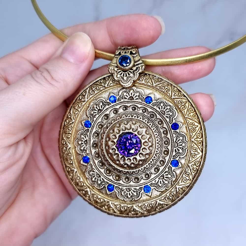 Mandala Blue Stone polymer clay pendant in gold and blue by SweetyBijou