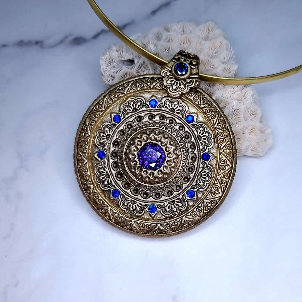 Mandala Blue Stone polymer clay pendant in gold and blue by SweetyBijou
