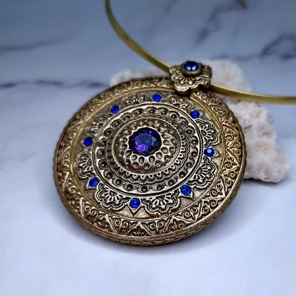 Mandala Blue Stone polymer clay pendant in gold and blue by SweetyBijou