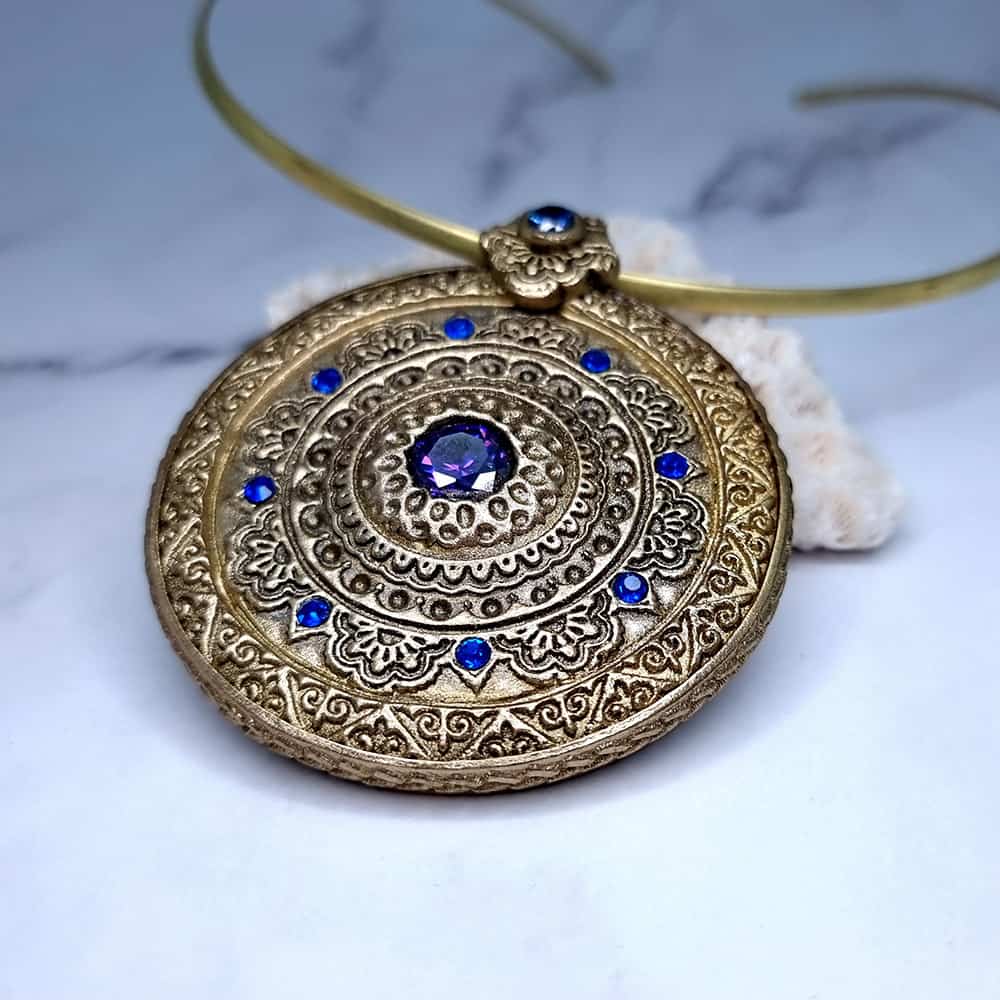 Mandala Blue Stone polymer clay pendant in gold and blue by SweetyBijou