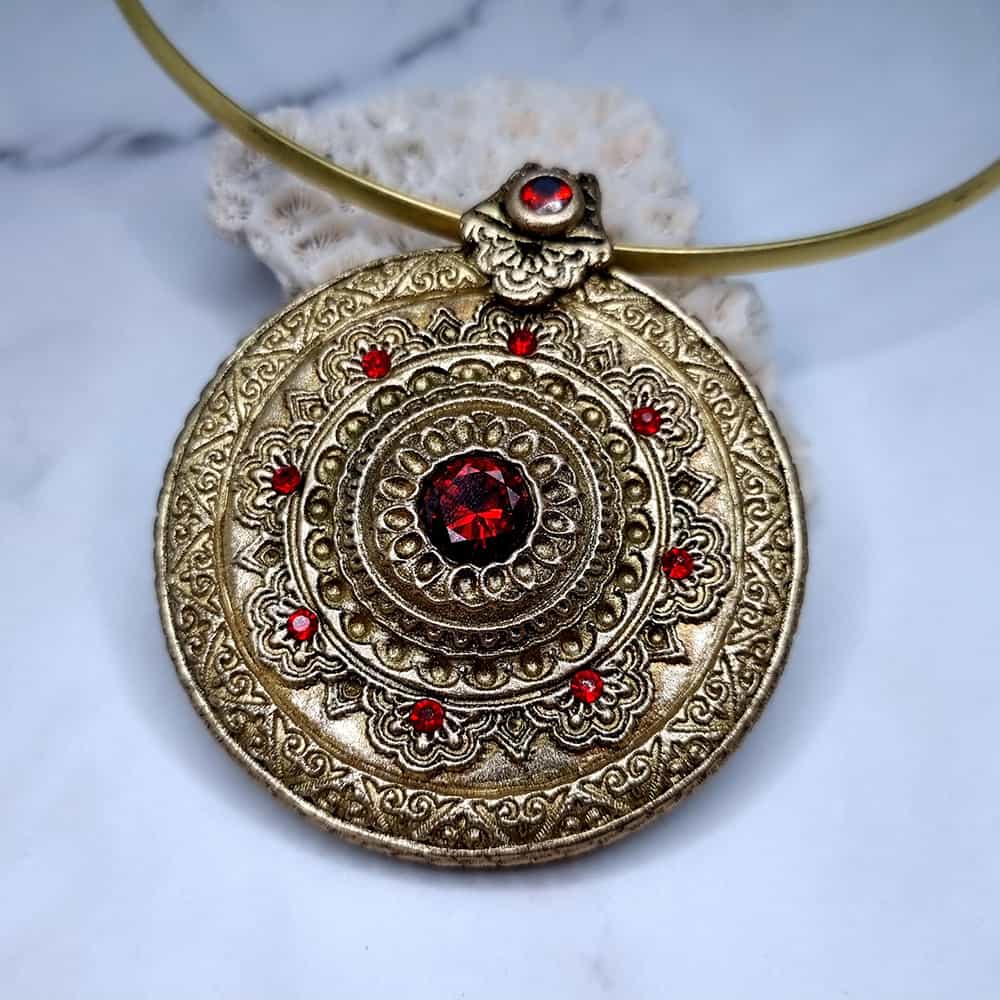 Mandala Red Stone polymer clay pendant in gold and red by SweetyBijou