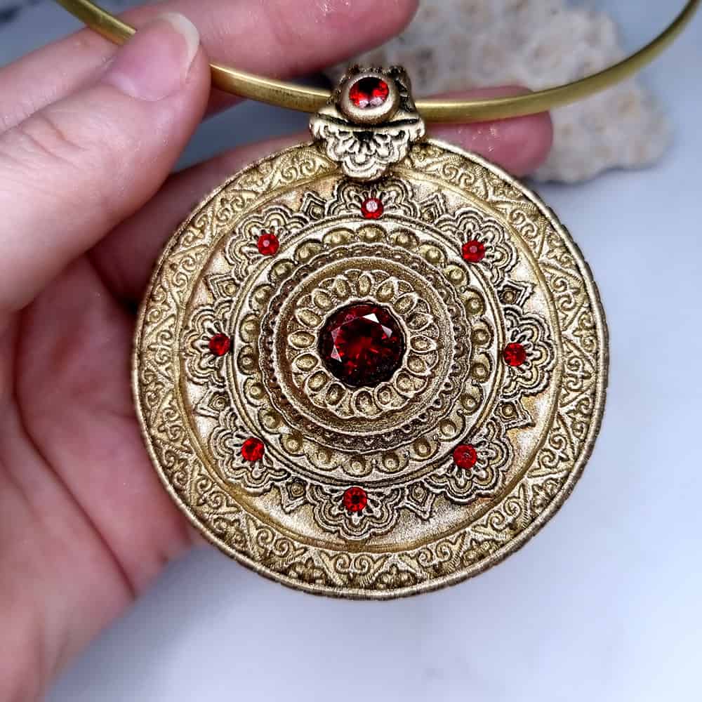 Mandala Red Stone polymer clay pendant in gold and red by SweetyBijou
