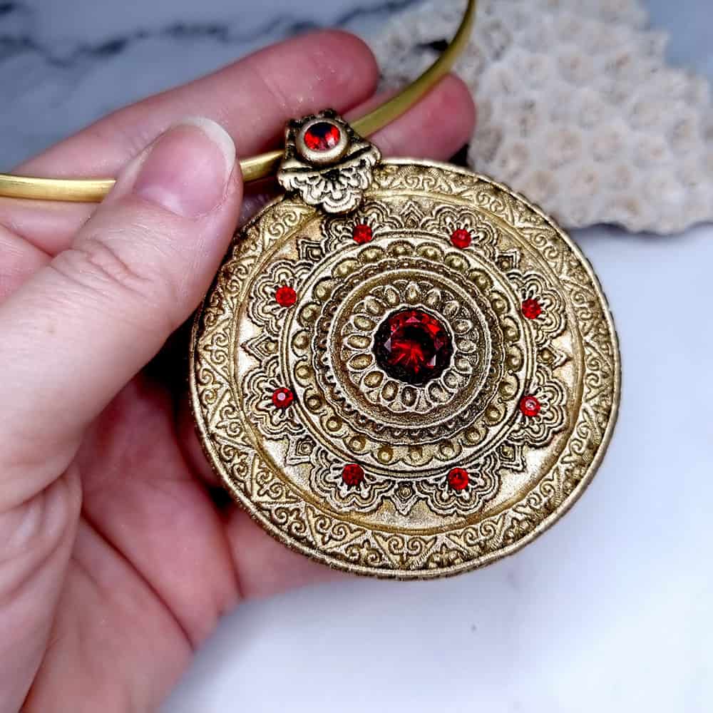 Mandala Red Stone polymer clay pendant in gold and red by SweetyBijou